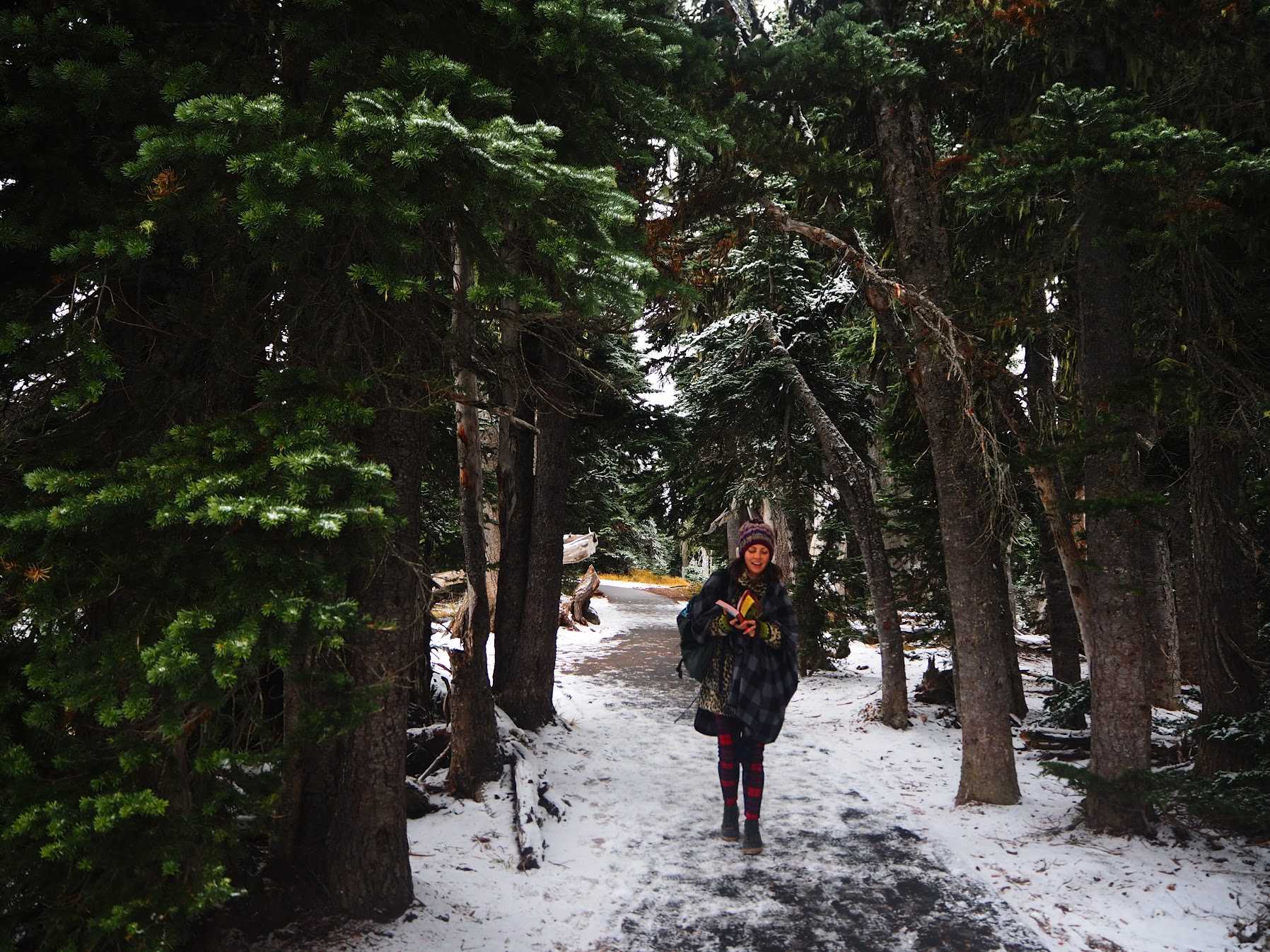 Kim walking through the forest in winter